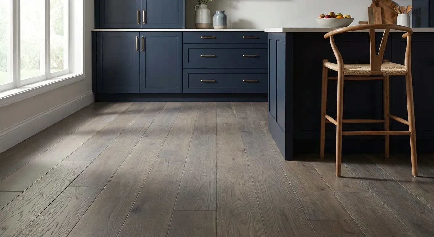 Newly installed hardwood floors in kitchen