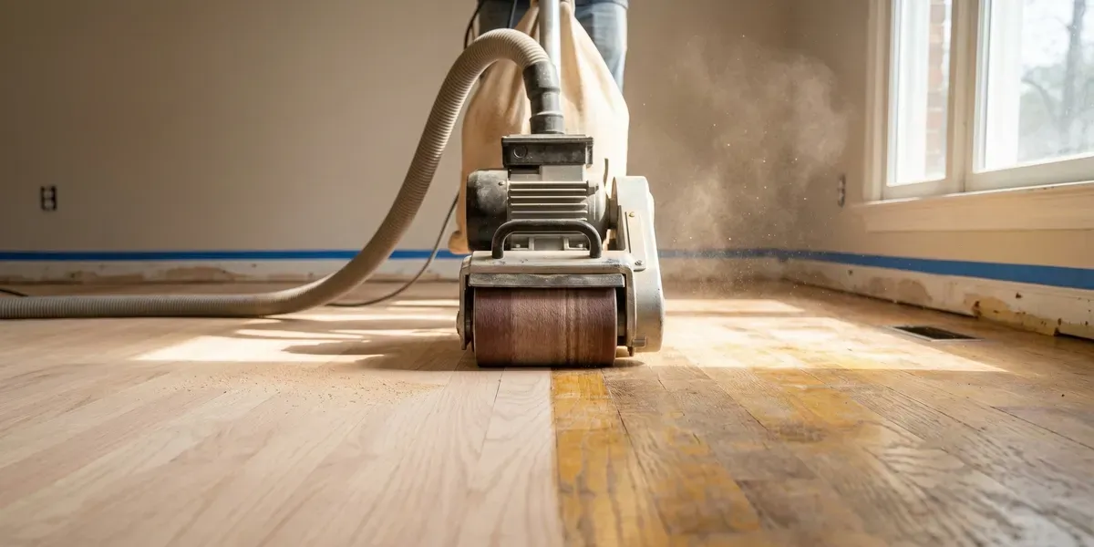 Close-up of hardwood floor being sanded with dustless equipment