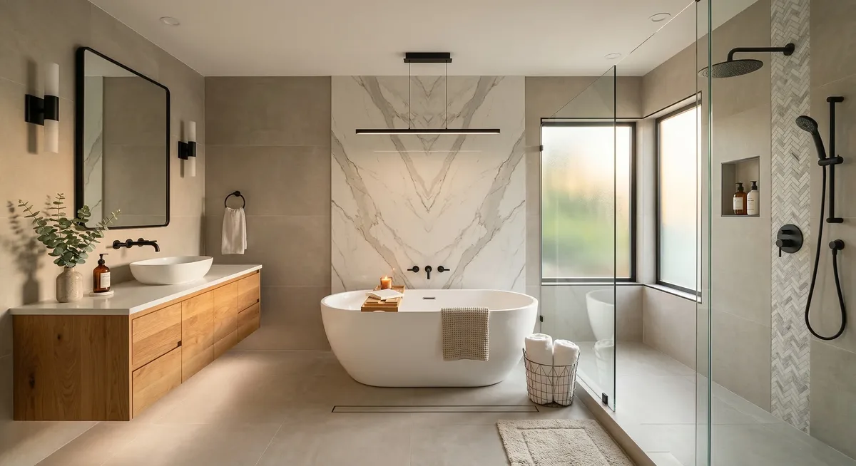 Luxury bathroom tile installation with freestanding tub, curbless walk-in shower, and natural wood vanity — Atlanta, GA