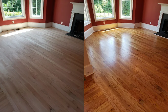 Before and after hardwood floor refinishing — this is what financing makes possible