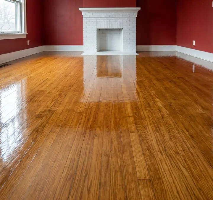 The same hardwood floor after Oakerds sanded and refinished it to a warm honey finish