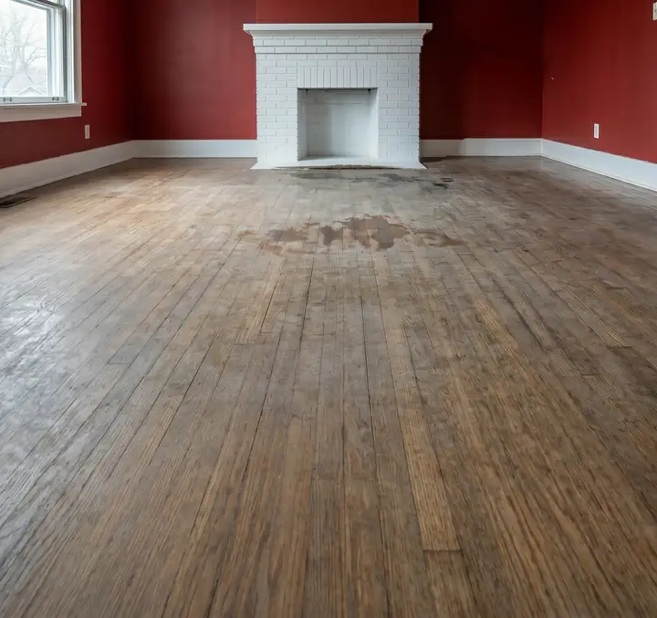 Worn, faded hardwood floor before refinishing in a Marietta home