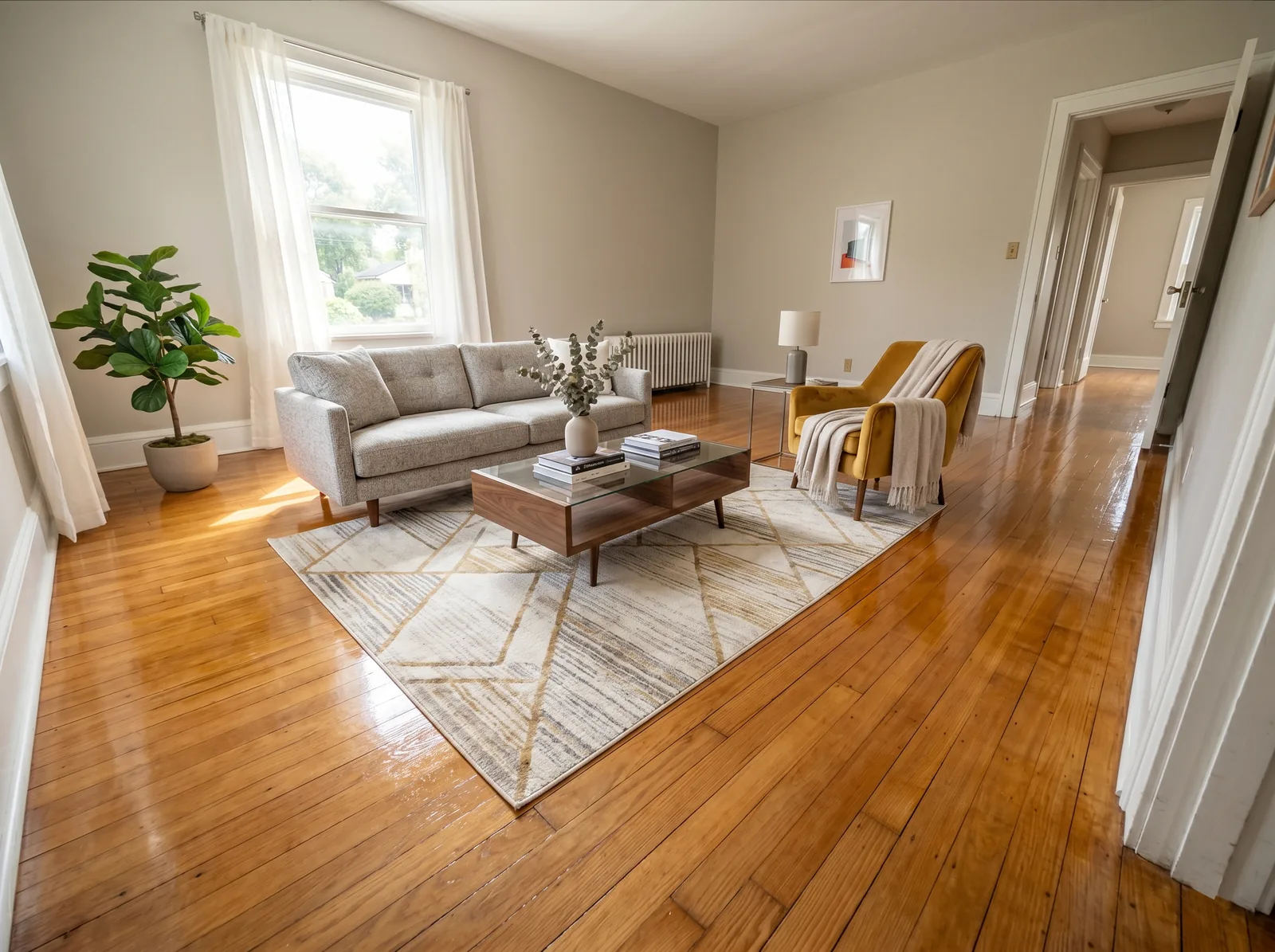 The same living room after Oakerds sanded and refinished the hardwood to a glossy honey finish, staged with furniture