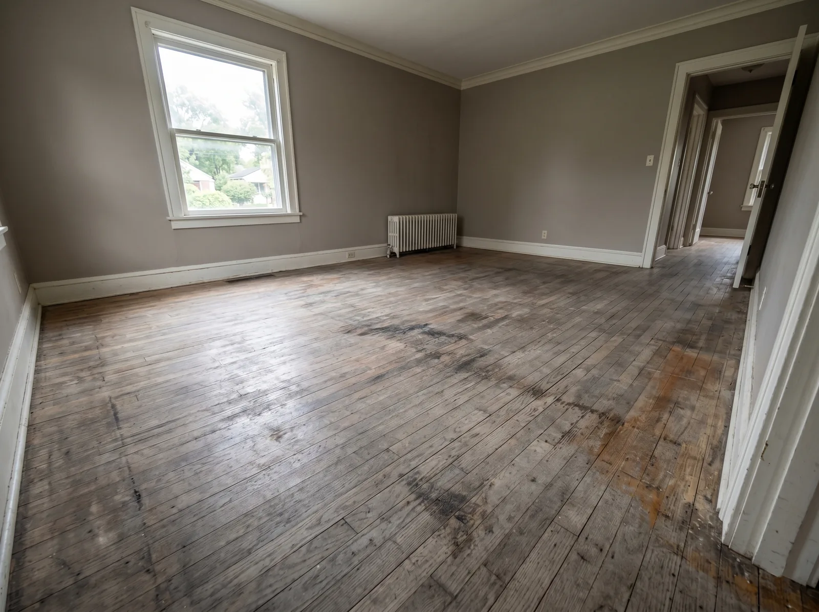 Worn, dingy hardwood floor with gray water stains and a dull finish before refinishing